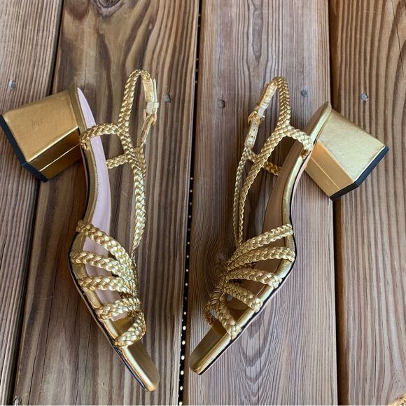 J Crew Shoes 9 Layne Braided Sandal Heels Metallic Leather Gold - Picture 7 of 11